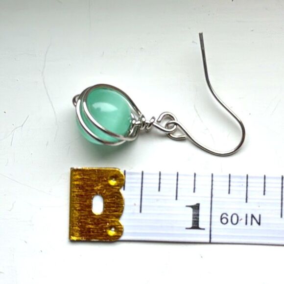 Seafoam Glass Orb Drop Earrings, Minimalist Wire Wrap with Keepsake Pouch - Picture 6 of 7
